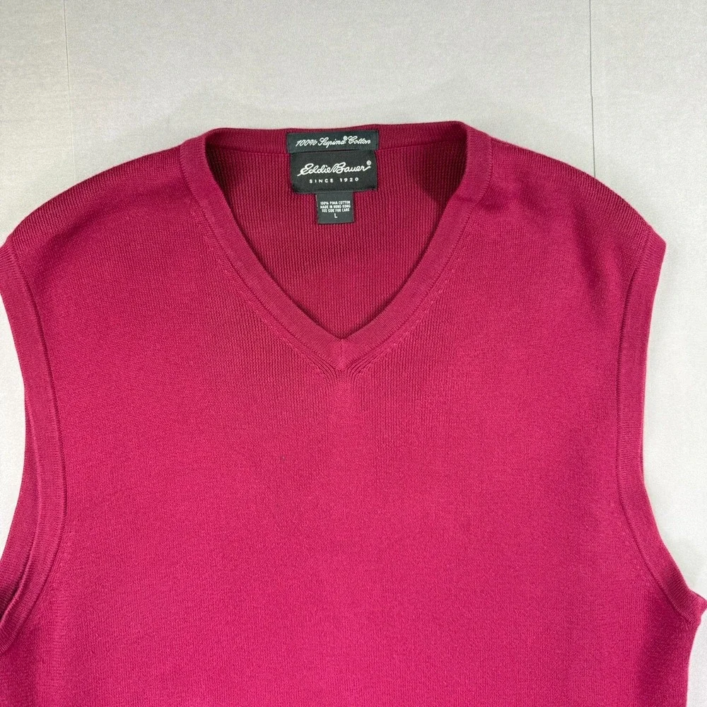 Vintage‎ Eddie Bauer Sweater Vest Men L Supima Cotton Pima V Neck Burgundy